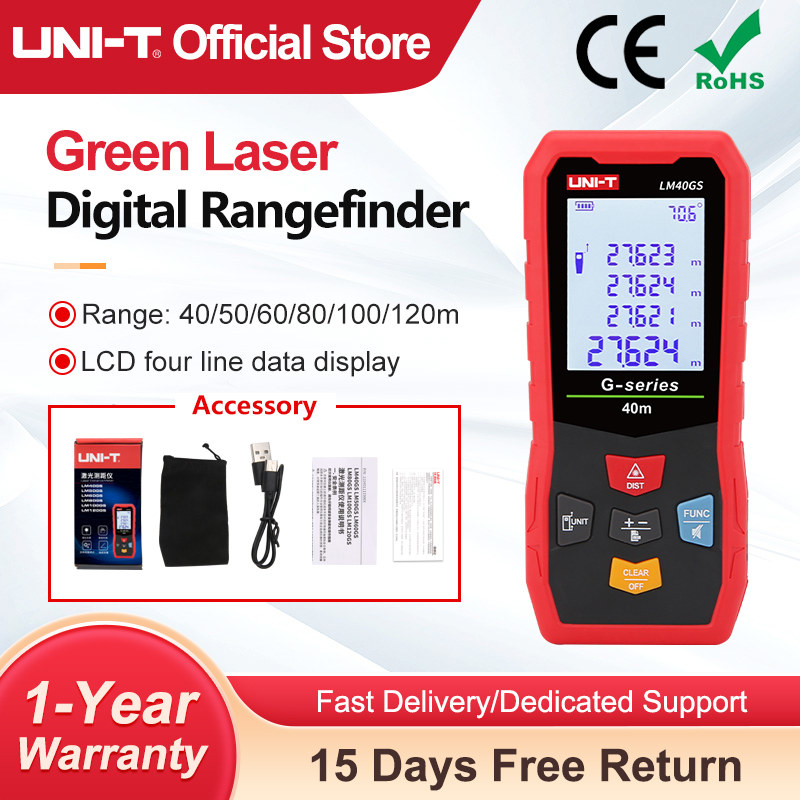 Laser Distance Meter 100M - UNI-T グリーンレーザー距離計 LM-GSシリーズ 40m、50m、60m、80m、100m、120m。レーザー距離測定器、デジタル巻尺、角度測定機能付き。