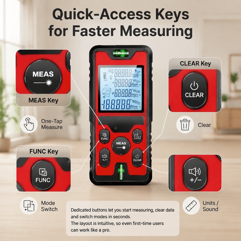Laser Distance Meter With Bubble Level - 120Mレーザー距離計 USB-C充電式レーザー距離計 バックライト付きLCD 気泡水準器 デジタル測定ツール 建設用