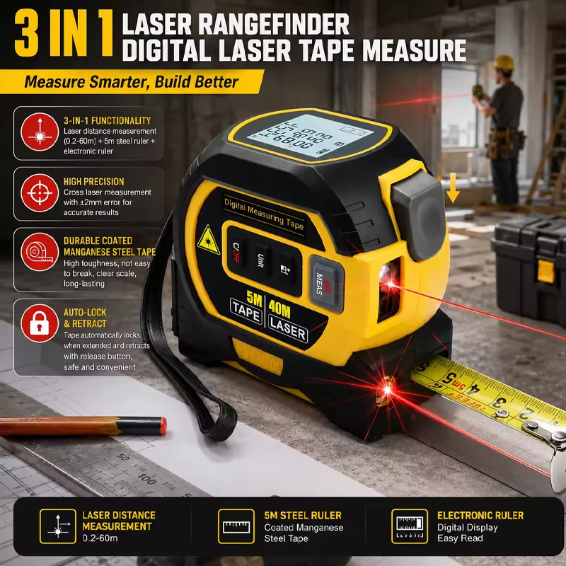 Digital Tape Measure 5M Laser - 2026年新型レーザー距離計 3 in 1 デジタルメジャー 高精度レーザー距離計