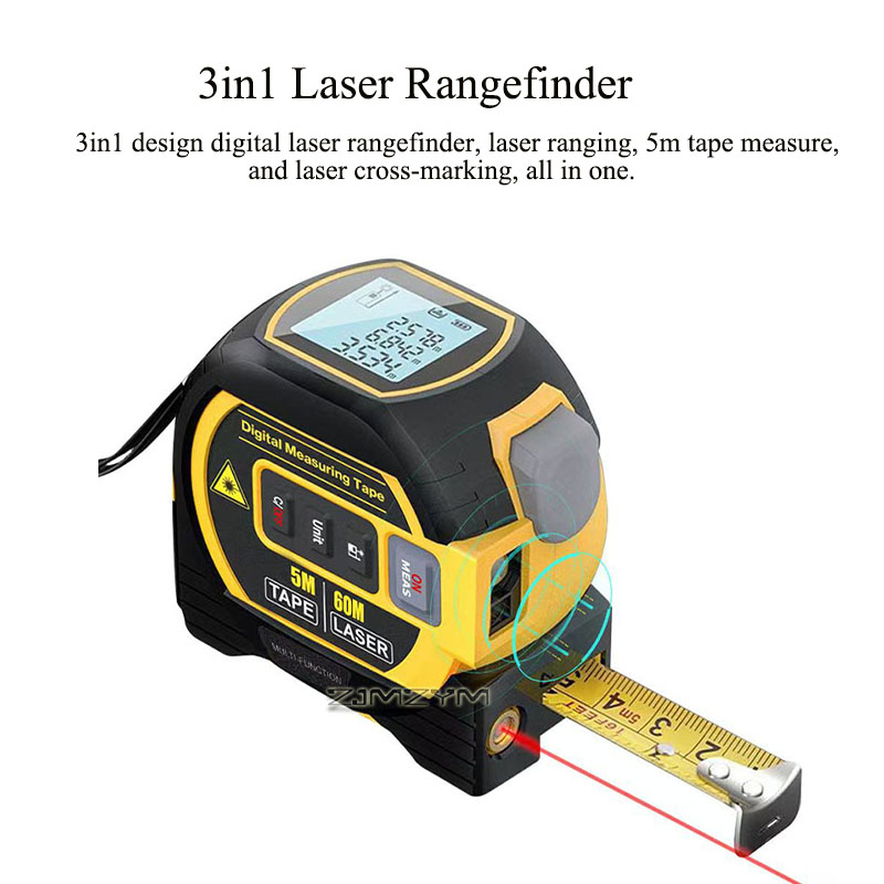 Digital Tape Measure 5M Laser - 3in1レーザー測定テープ 40M/60Mレーザー距離計 5Mスチールテープ付き クロスラインレーザーレベル デジタルLCD測定ツール