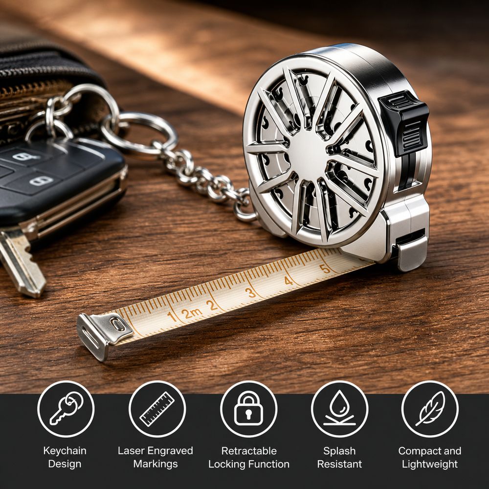Mini Laser Measure Keychain - 2M キーチェーン付き巻尺、電気メッキ加工、レーザー刻印、携帯用、防水、ロック機構付き