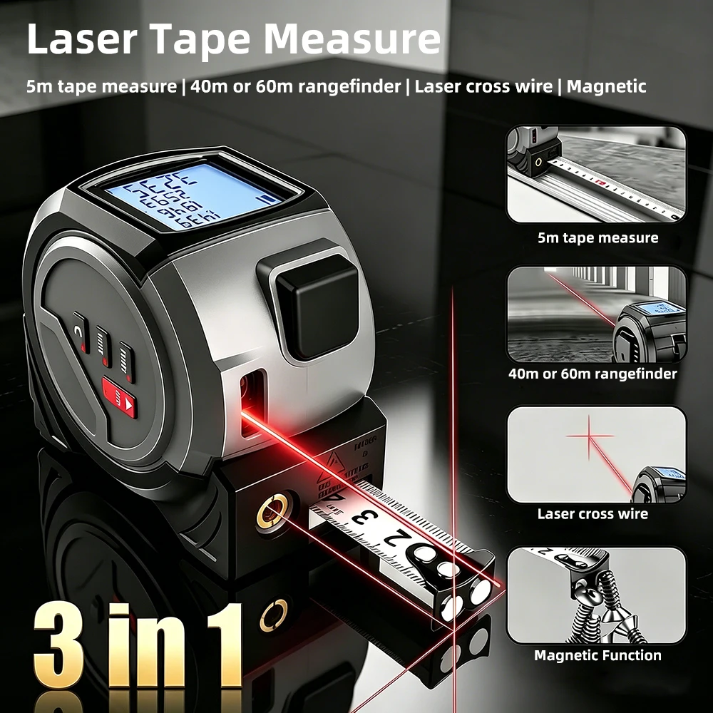 3in1レーザー測定テープ 5Mスチールテープ 60mレーザ - Laser Measure Area Volume Calculator のレビューと価格