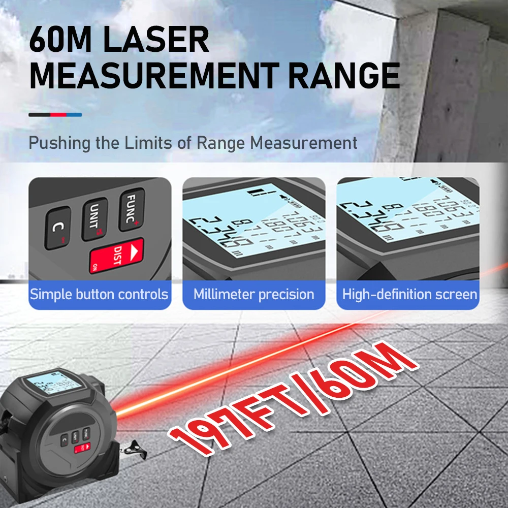 3in1レーザー測定テープ 5Mスチールテープ 60mレーザ - Laser Measure Area Volume Calculator のレビューと価格