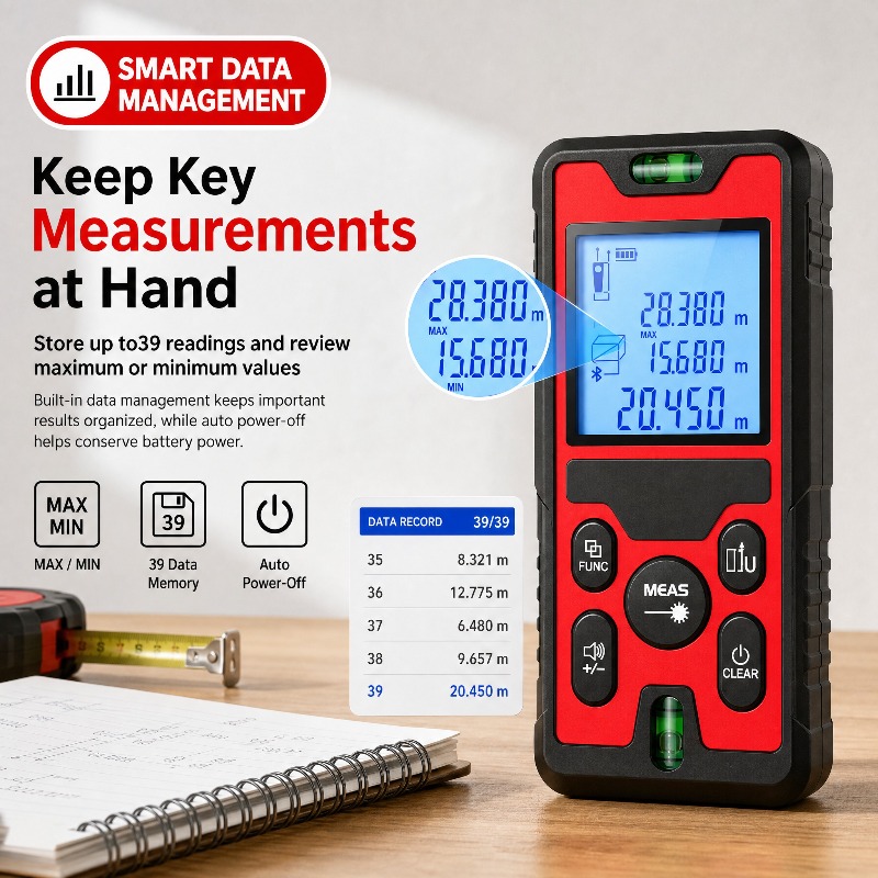 120m対応のUSB-C充電式レーザー距離計。バックライト付 - Laser Distance Meter With Bubble Level のレビューと価格