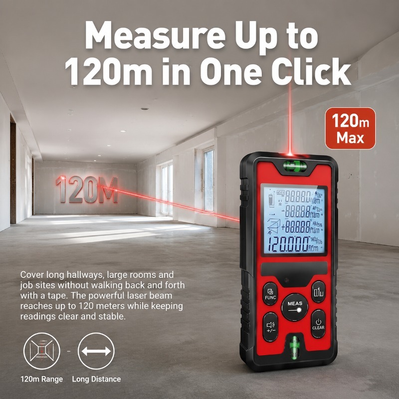 120m対応のUSB-C充電式レーザー距離計。バックライト付 - Laser Distance Meter With Bubble Level のレビューと価格
